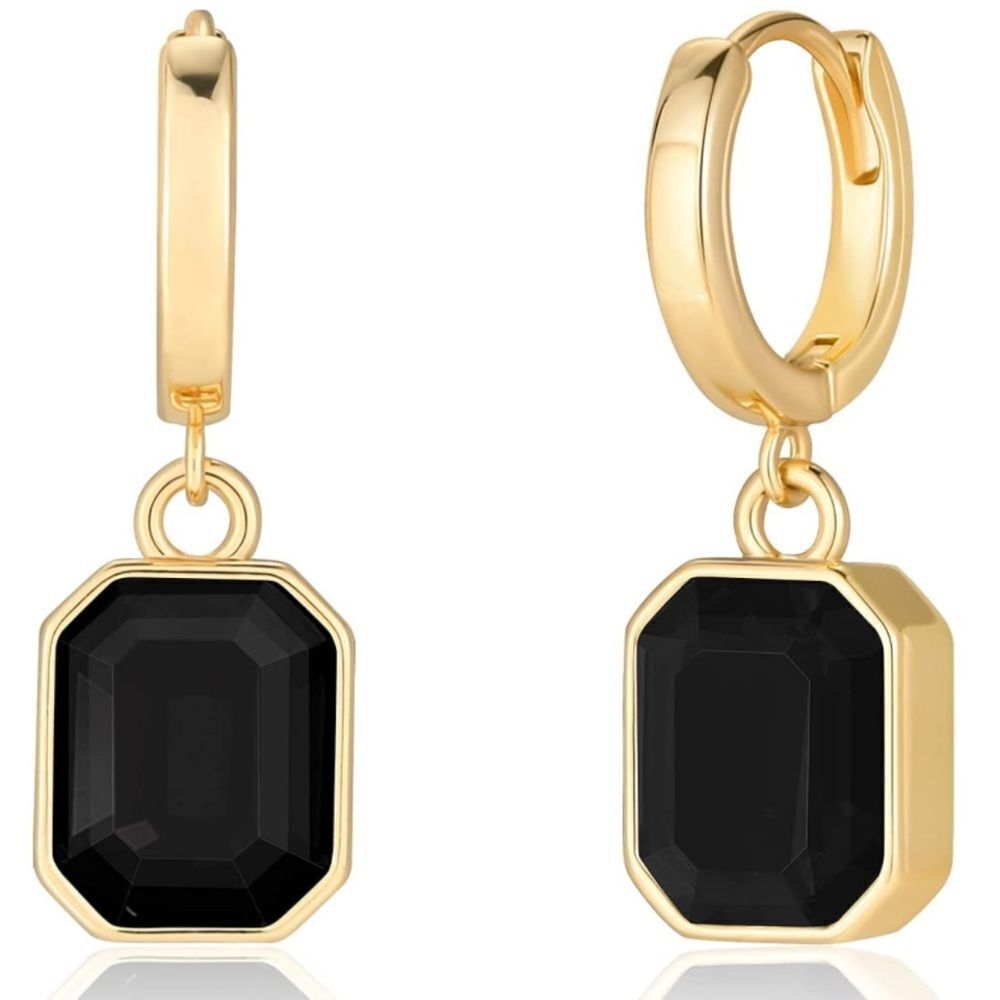 18K Yellow Gold with Black Onyx Crystal Dangling Octagon Huggie Earrings